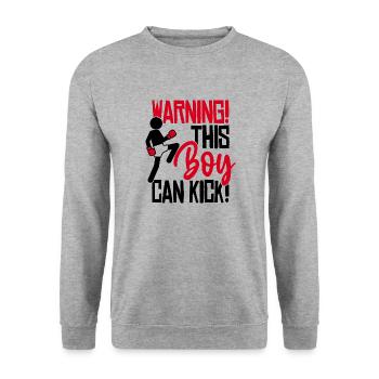 Dieser Junge kann kicken! Kickboxen Spruch Boxen - Unisex Pullover - Weißgrau meliert - Vorne - Alina (178cm) & Michal (187cm)