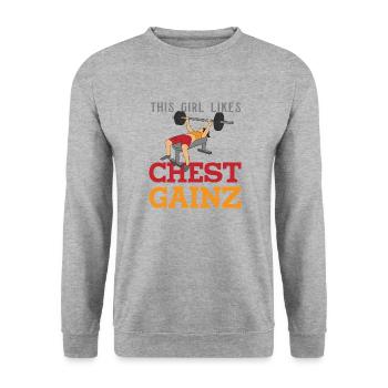 Mädchen mag Chest Gainz Lustiger - Unisex Pullover - Weißgrau meliert - Vorne - Alina (178cm) & Michal (187cm)