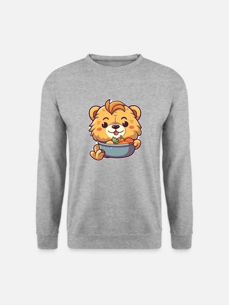 Entzückender Cartoon-Löwe genießt eine Mahlzeit 🦁 - Unisex Pullover - Weißgrau meliert