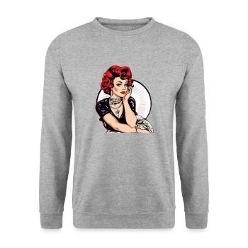 Pin up aus den 60er Jahren - Unisex Pullover - Weißgrau meliert - Vorne - Alina (178cm) & Michal (187cm)
