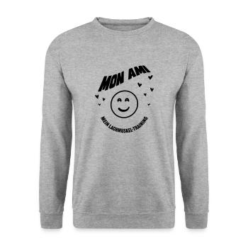 Mon ami mein Lachmuskel Training | Freund Design - Unisex Pullover - Weißgrau meliert - Vorne - Alina (178cm) & Michal (187cm)