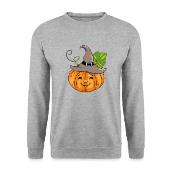Cartoonhaft lächelnder Kürbis mit Hut - Unisex Pullover - Weißgrau meliert - Vorne - Alina (178cm) & Michal (187cm)