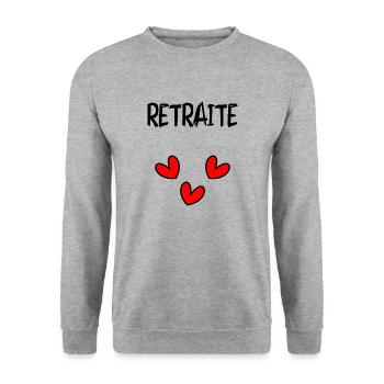 RUHESTAND. KOLLEGE. RUHESTAND. PENSIONIERT. RUHESTAND. - Unisex Pullover - Weißgrau meliert - Vorne - Alina (178cm) & Michal (187cm)