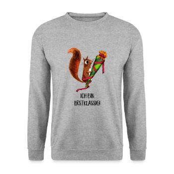 Das kleine Hörnchen ist erstklassig! - Unisex Pullover - Weißgrau meliert - Vorne - Alina (178cm) & Michal (187cm)