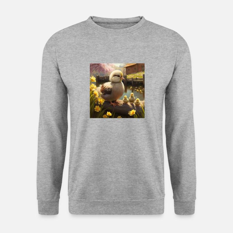 Eine Henne mit ihren kleinen Küken freut sich - Unisex Pullover - Weißgrau meliert