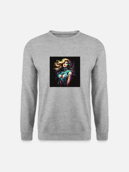 Techno-Babe [Pixelkunst] - Unisex Pullover - Weißgrau meliert