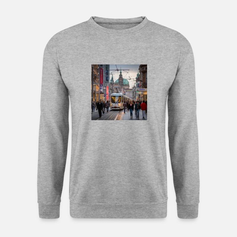 Straße mit Straßenbahn - Unisex Pullover - Weißgrau meliert