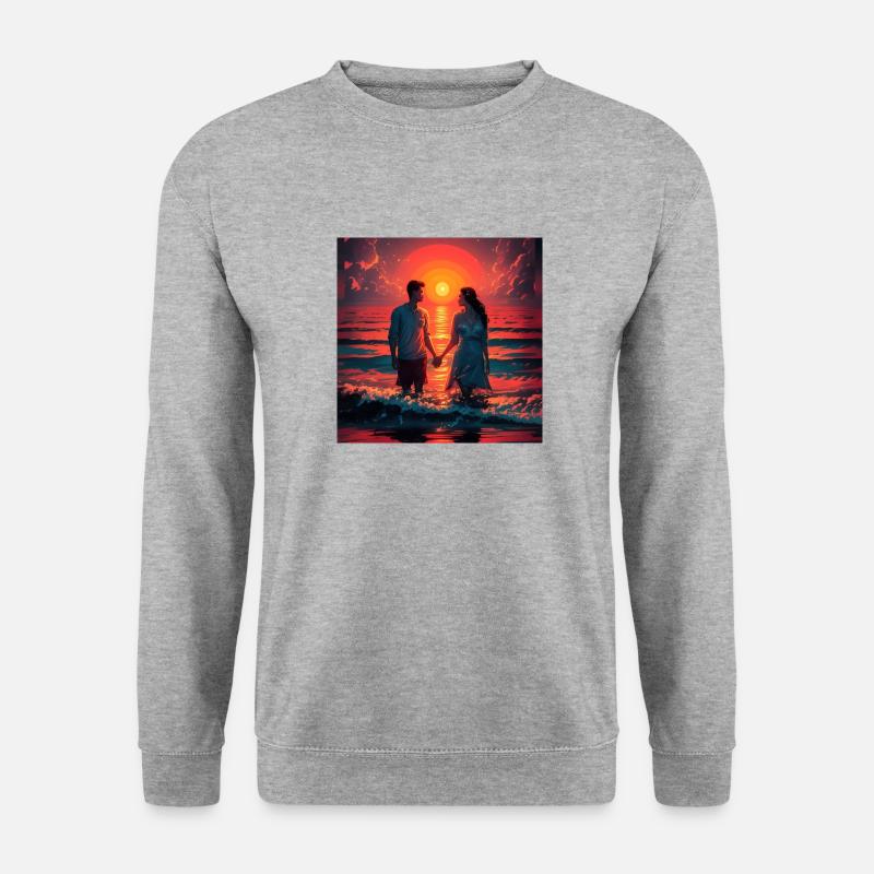 Pärchen beim Sonnenuntergang am Meer - Unisex Pullover - Weißgrau meliert