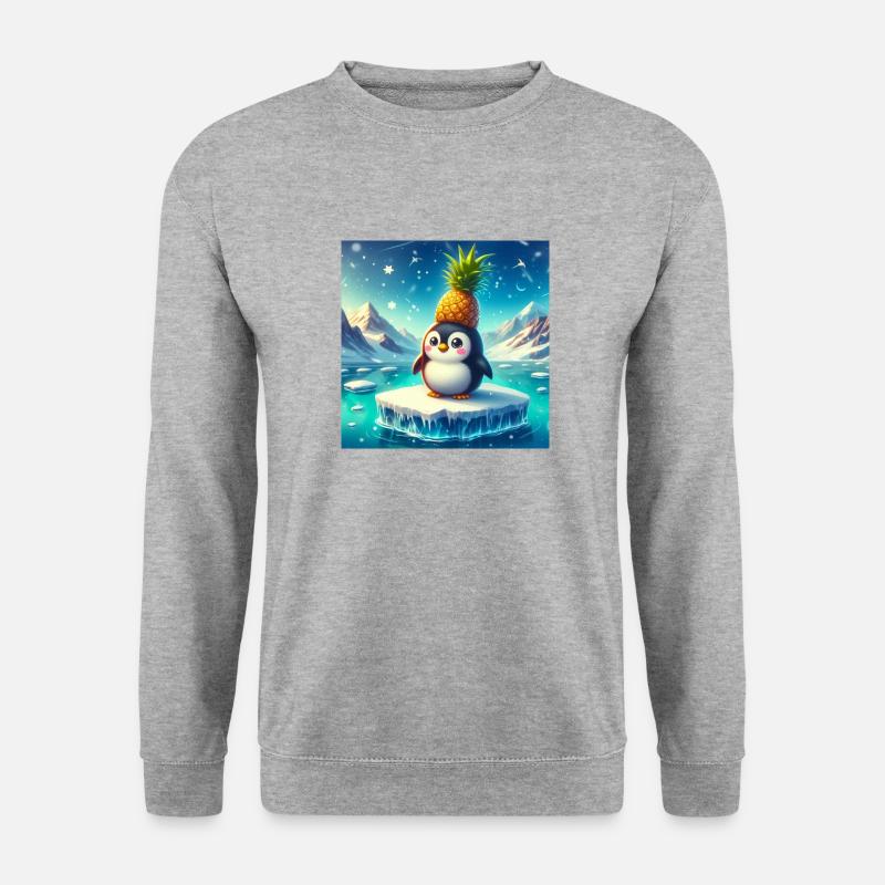 Süßer Pinguin mit Ananas auf Eisscholle - Unisex Pullover - Weißgrau meliert
