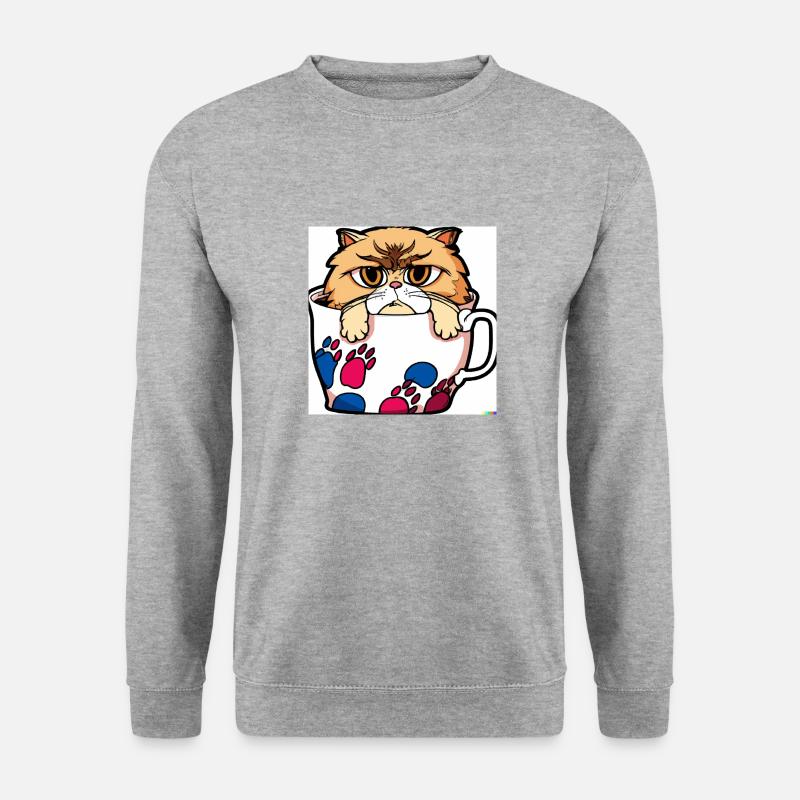 Eine Katze schaut aus einer hellen Tasse - Unisex Pullover - Weißgrau meliert