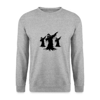 Gruselige Dabbing Gespenster Geister Halloween - Unisex Pullover - Weißgrau meliert - Vorne - Alina (178cm) & Michal (187cm)