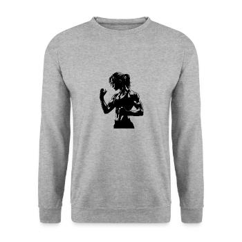 Muskulöse Boxerin im Schattenstil starker Ausdruck - Unisex Pullover - Weißgrau meliert - Vorne - Alina (178cm) & Michal (187cm)