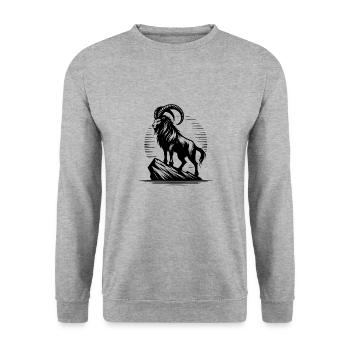 Grimmiger Steinbock mit gewaltigen Hörnern - Unisex Pullover - Weißgrau meliert - Vorne - Alina (178cm) & Michal (187cm)