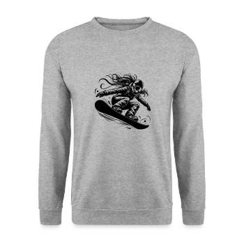Dynamische Snowboarderin im Action Sprung - Unisex Pullover - Weißgrau meliert - Vorne - Alina (178cm) & Michal (187cm)