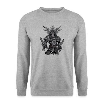 Japan Japanischer Samurai Krieger Oni Dämon - Unisex Pullover - Weißgrau meliert - Vorne - Alina (178cm) & Michal (187cm)