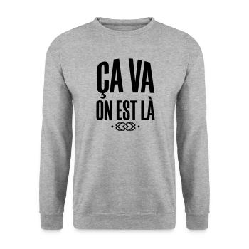 Slogan "Ça va on est là" - Style Streetwear - Sweat-shirt Unisexe - gris chiné - Devant - Alina (178cm) & Michal (187cm)
