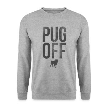 Pug Off - Mops Hund Silhouette - Unisex Pullover - Weißgrau meliert - Vorne - Alina (178cm) & Michal (187cm)