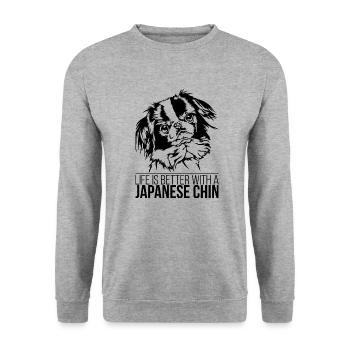Japanese Chin life is better Hunde Hund Wilsigns - Unisex Pullover - Weißgrau meliert - Vorne - Alina (178cm) & Michal (187cm)
