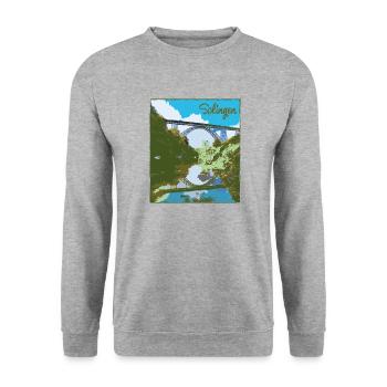 solingen,brücke,landschaft,Müngstener Brücke - Unisex Pullover - Weißgrau meliert - Vorne - Alina (178cm) & Michal (187cm)