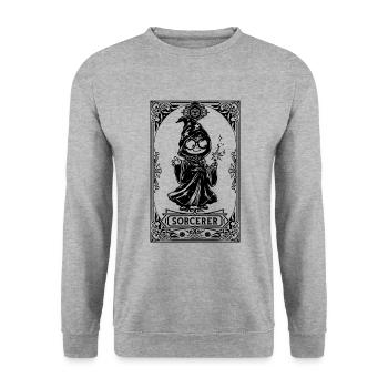 Zauberer RPG Tarot Karte Chibi - Unisex Pullover - Weißgrau meliert - Vorne - Alina (178cm) & Michal (187cm)