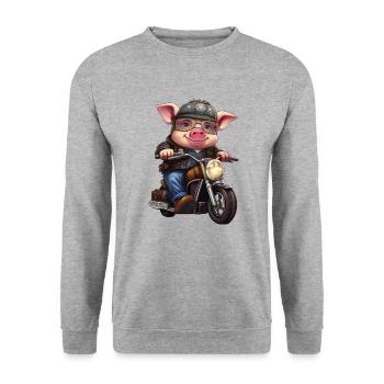 Schwein Motorrad / Motorradfahrer Schweine - Unisex Pullover - Weißgrau meliert - Vorne - Alina (178cm) & Michal (187cm)