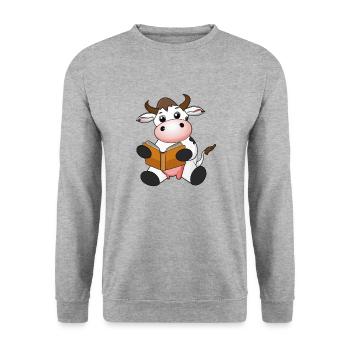 Kuh liest Buch Geschenkidee - Unisex Pullover - Weißgrau meliert - Vorne - Alina (178cm) & Michal (187cm)
