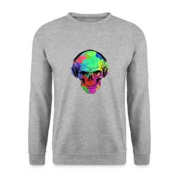 LUSTIGER HALLOWEEN REGENBOGENSCHÄDEL UND KOPFHÖRER - Unisex Pullover - Weißgrau meliert - Vorne - Alina (178cm) & Michal (187cm)