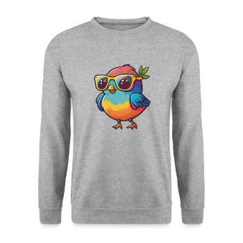 Kawaii Süßer glücklicher bunter Vogel mit Sonnenbrille - Unisex Pullover - Weißgrau meliert - Vorne - Alina (178cm) & Michal (187cm)