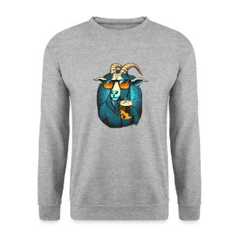 Cooler Bock mit Sonnenbrille und Bier - Unisex Pullover - Weißgrau meliert - Vorne - Alina (178cm) & Michal (187cm)