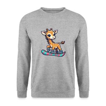 Snowboarding Giraffe, Winter Sports Animal - Unisex Pullover - Weißgrau meliert - Vorne - Alina (178cm) & Michal (187cm)