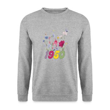 Geburtsjahr 1950 Wildblumen - Unisex Pullover - Weißgrau meliert - Vorne - Alina (178cm) & Michal (187cm)