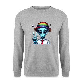 Alien zeigt Peace - Unisex Pullover - Weißgrau meliert - Vorne - Alina (178cm) & Michal (187cm)