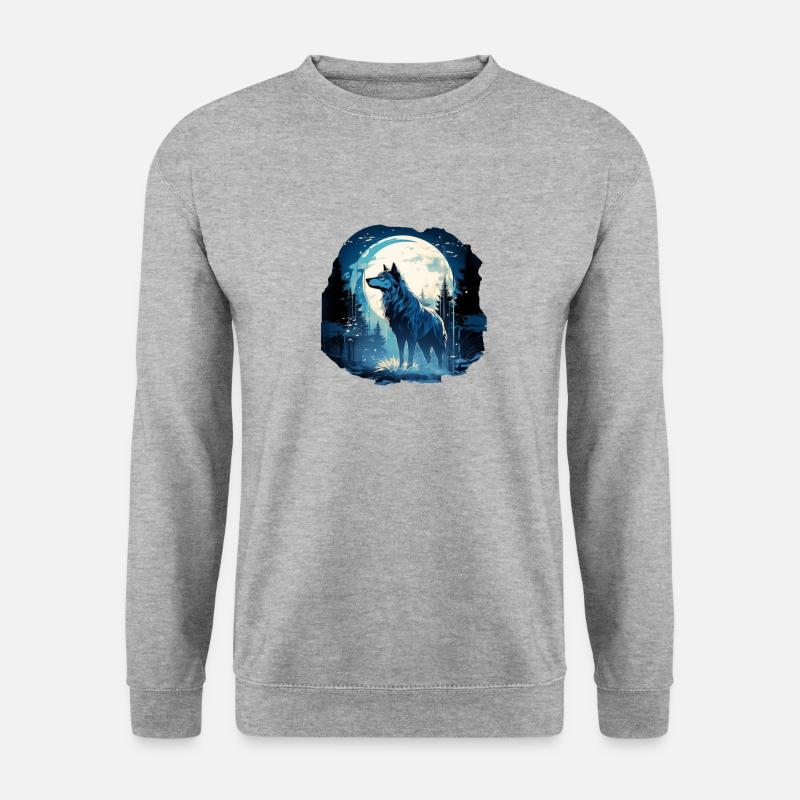 Mystischer Wolf vor Vollmond - Unisex Pullover - Weißgrau meliert