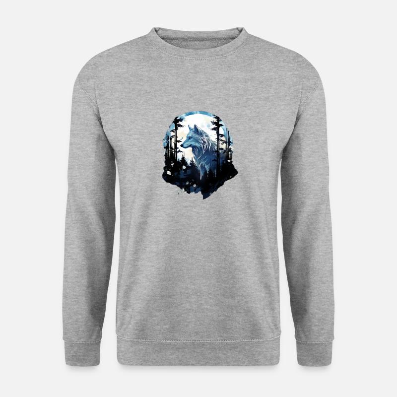 Weißer Wolf im Wald bei Vollmond - Unisex Pullover - Weißgrau meliert