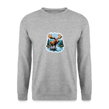 Moose in the Lake Comic Stickers Scandinavia Antlers - Unisex Sweatshirt - salt & pepper - Front - Alina (178cm) & Michal (187cm)