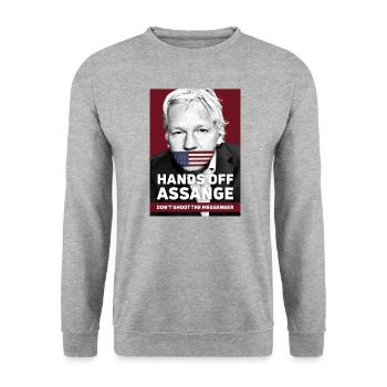 Hände weg Assange - Schieße nicht auf den Messenger - Unisex Pullover - Weißgrau meliert - Vorne - Alina (178cm) & Michal (187cm)