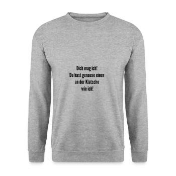 Du hast einen an der Klatsche, ich mag dich! - Unisex Pullover - Weißgrau meliert - Vorne - Alina (178cm) & Michal (187cm)