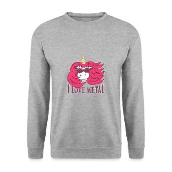 Einhorn i Love Metal Heavy Metal Metaller Geschenk - Unisex Pullover - Weißgrau meliert - Vorne - Alina (178cm) & Michal (187cm)