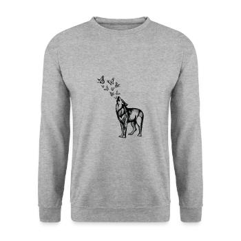 Wolf und Schmetterlinge - Unisex Pullover - Weißgrau meliert - Vorne - Alina (178cm) & Michal (187cm)