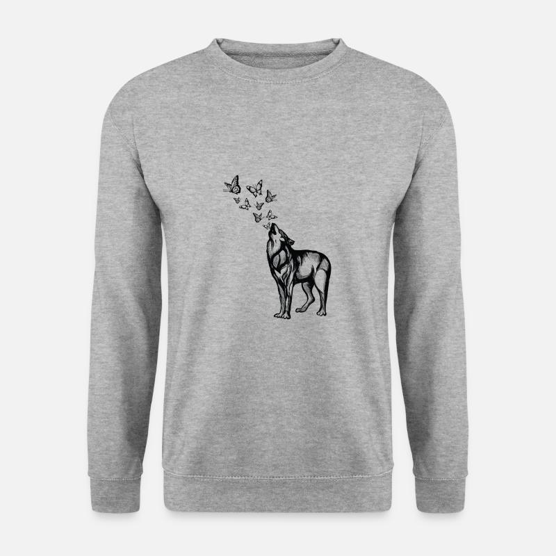 Wolf und Schmetterlinge - Unisex Pullover - Weißgrau meliert