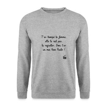 T'as trompé t* femme, elle le sait pas... Camping - Sweat-shirt Unisexe - gris chiné - Devant - Alina (178cm) & Michal (187cm)