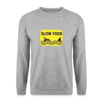Lustig Slow Food Fast Food Hai Essen Geschenkidee - Unisex Pullover - Weißgrau meliert - Vorne - Alina (178cm) & Michal (187cm)