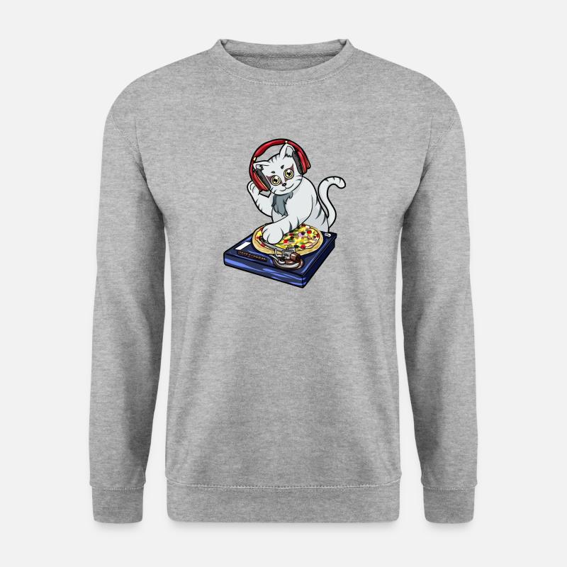 Katze Pizza DJ - Unisex Pullover - Weißgrau meliert