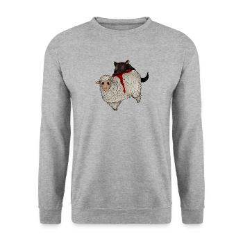 Wolf beißt Schaf – Süßes Blutvergießen - Unisex Pullover - Weißgrau meliert - Vorne - Alina (178cm) & Michal (187cm)
