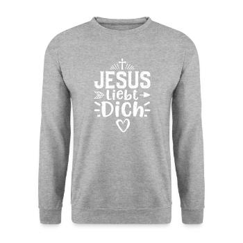 Jesus Liebt Dich - Jesus - Unisex Pullover - Weißgrau meliert - Vorne - Alina (178cm) & Michal (187cm)