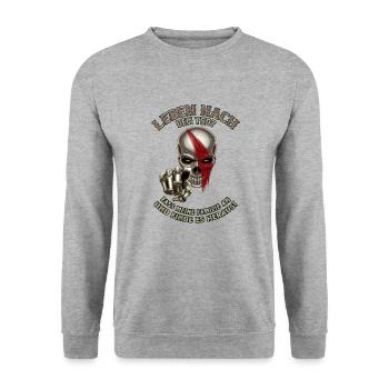 Leben nach dem Tod fass meine familie an RAHMENLOS - Unisex Pullover - Weißgrau meliert - Vorne - Alina (178cm) & Michal (187cm)