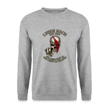 Skull nach dem Tod Fass meine BMW an RAHMENLOS - Unisex Pullover - Weißgrau meliert - Vorne - Alina (178cm) & Michal (187cm)