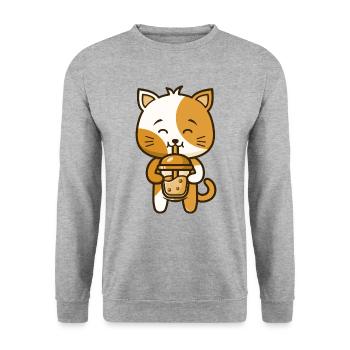 A funny cat kitten drinks Boba Tea Bubble - Unisex Sweatshirt - salt & pepper - Front - Alina (178cm) & Michal (187cm)