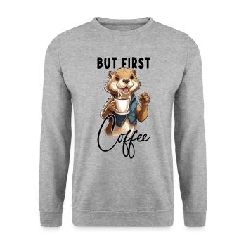 Otter Coffee But First Coffee Animal Saying Funny - Unisex Sweatshirt - salt & pepper - Front - Alina (178cm) & Michal (187cm)