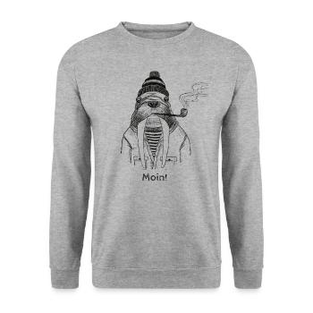 Moin Käpt‘n, alles in Butter aufm Kutter?! - Unisex Pullover - Weißgrau meliert - Vorne - Alina (178cm) & Michal (187cm)